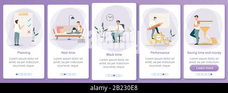 Zeitmanagement Onboarding Mobile App Screen Vector Template. Workflow-Organisation. Vorgesetzter plant Arbeitstag. Schritt für Schritt durch die Website Stock Vektor