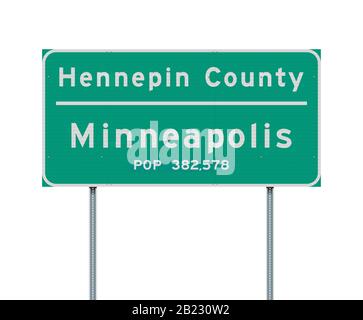 Vektordarstellung des grünen Straßenschildes Hennepin County und Minneapolis City auf dem metallischen Pfosten Stock Vektor