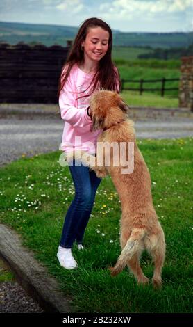 Young Teenage Irish Girl mit ihrem Haustier Dog in ihrem Garten, im Freien in Cork Ireland Stockfoto