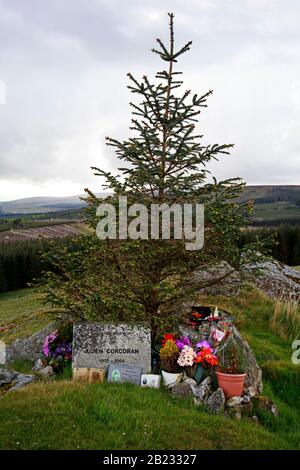 Ein einfacher Straßenheiligtum in Erinnerung an einen jungen Mann, der bei einem Motorradunfall an diesem Ort in den Dublin Mountains getötet wurde Stockfoto