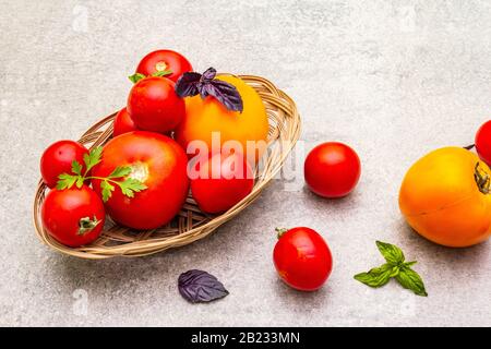 Frische rote und gelbe Tomaten aus biologischem Anbau. Gesundes veganes (vegetarisches) Kochkonzept. In Korbplatte mit Basilikumblättern auf Steinbetongrund Stockfoto