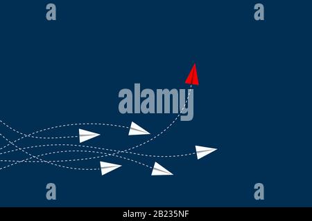 Denken Sie anders Konzept. Rotes Flugzeug ändert die Richtung. Neue Idee, Veränderung, Trend, Mut, kreative Lösung, Innovation und einzigartiges Konzept. Stock Vektor