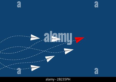 Führungs- und Wettbewerbskonzept, mit roter Papierfläche, die unter Weiß auf blauem Hintergrund führt. Stock Vektor