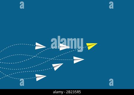Führungs- und Wettbewerbskonzept, mit gelber Papierfläche, die zwischen Weiß und blauem Hintergrund führt. Stock Vektor