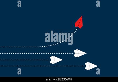 Anders denken Konzept. Rotes Flugzeug ändert die Richtung. Neue Idee, Veränderung, Trend, Mut, kreative Lösung, Business for Unique Way Konzept. Stock Vektor