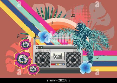 Musikplakat im Retro 80er-Jahre-Stil mit Boombox und tropischem Blattdesign. Stock Vektor