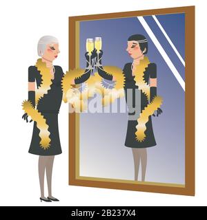 Cartoon Old Woman schlinkt Glas Champagner in den Spiegel und sieht sich als jung in der Reflexion. Stock Vektor