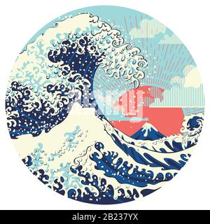 Abbildung: stürmische Meer mit großen Wellen, modern Retro Design. Stock Vektor