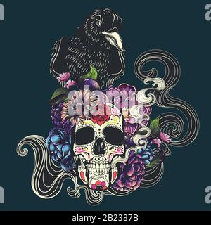 Tag der toten Blumen Sugar Skull mit Blumen farbenfrohes Design. Stock Vektor