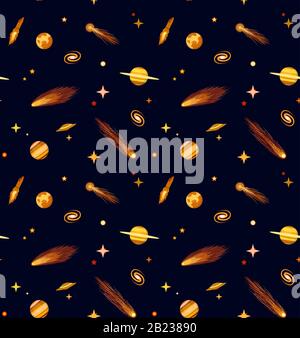 Nahtloses Muster mit Kometen, Planeten, Sternen und Raketen, Vektordarstellung des Weltraums Stock Vektor