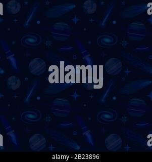 Nahtloses Muster mit Kometen, Planeten, Sternen und Raketen, Vektordarstellung des Weltraums Stock Vektor