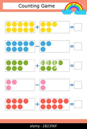 Zählspiel für Vorschulkinder. Das Studium der Mathematik. Addition und Subtraktion. Farbige Kreise. Mit einem Ort für Antworten. Einfache flache Isola Stock Vektor