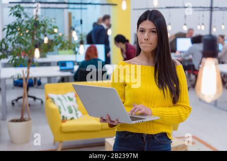 Junge weibliche Geschäftsfrau, die mit Laptop steht und bei der Arbeit posiert, während die Gruppe eines jungen Unternehmens multiethnische Menschen Brainstorming und Discussi Stockfoto