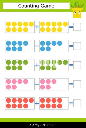 Zählspiel für Vorschulkinder. Das Studium der Mathematik. Addition und Subtraktion. Farbige Kreise. Mit einem Ort für Antworten. Einfache flache Isola Stock Vektor