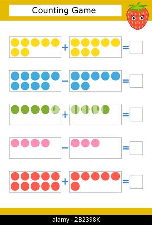 Zählspiel für Vorschulkinder. Das Studium der Mathematik. Addition und Subtraktion. Farbige Kreise. Mit einem Ort für Antworten. Einfache flache Isola Stock Vektor