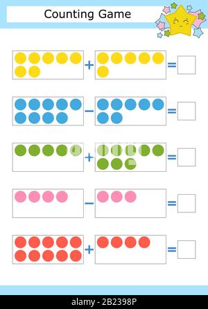 Zählspiel für Vorschulkinder. Das Studium der Mathematik. Addition und Subtraktion. Farbige Kreise. Mit einem Ort für Antworten. Einfache flache Isola Stock Vektor