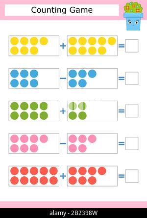 Zählspiel für Vorschulkinder. Das Studium der Mathematik. Addition und Subtraktion. Farbige Kreise. Mit einem Ort für Antworten. Einfache flache Isola Stock Vektor