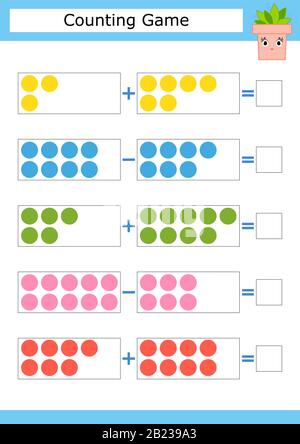 Zählspiel für Vorschulkinder. Das Studium der Mathematik. Addition und Subtraktion. Farbige Kreise. Mit einem Ort für Antworten. Einfache flache Isola Stock Vektor