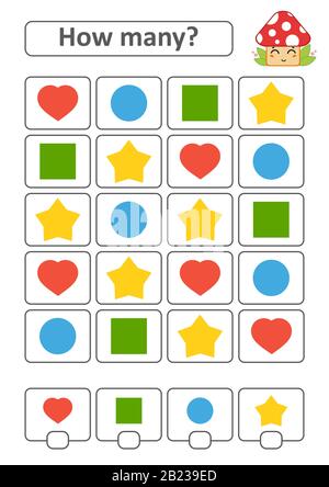 Spiel für Vorschulkinder. Zählen Sie so viele Früchte auf dem Bild, und notieren Sie das Ergebnis. Herz, Kreis, Quadrat, Stern. Mit einem Ort für Antworten. Sim Stock Vektor
