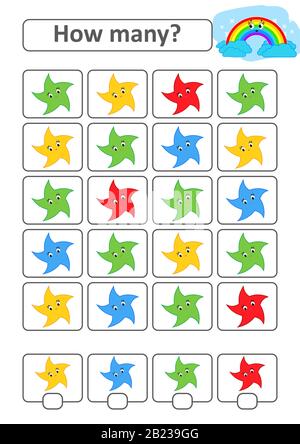 Zählspiel für Vorschulkinder zur Entwicklung mathematischer Fähigkeiten. Wie viele Sterne unterschiedlicher Farben. Mit einem Ort für Antworten. Köcheln Stock Vektor