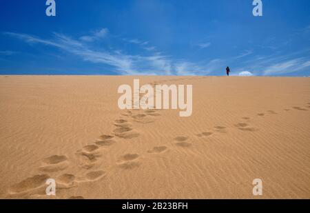 Fußabdrücke auf den Taroa-Sanddünen, Punta Gallinas, Nordspitze Südamerikas, Guajira-Halbinsel, Kolumbien Stockfoto