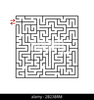 Schwarzes quadratisches Labyrinth mit ein- und Ausgang. Ein Spiel für Kinder und Erwachsene. Einfache flache Vektorgrafiken isoliert auf weißem Hintergrund Stock Vektor