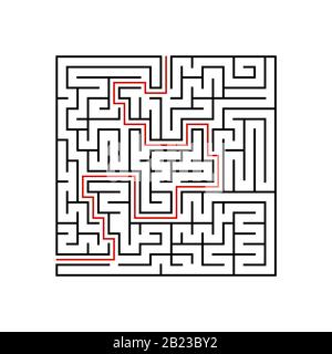 Schwarzes quadratisches Labyrinth mit ein- und Ausgang. Ein Spiel für Kinder und Erwachsene. Einfache flache Vektorgrafiken isoliert auf weißem Hintergrund. Mit der Answe Stock Vektor