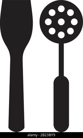 Schlitzlöffel und ein Holzspachtel für die Frittiersymbole Vorlage schwarz Farbe editierbar. Schlitzlöffel und ein Holzspachtel zum Frittieren Symbol Flache Vekto Stock Vektor