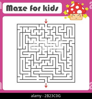 Schwarzes quadratisches Labyrinth mit ein- und Ausgang. Mit einem niedlichen Cartoon-Pilz. Einfache flache Vektorgrafiken isoliert auf weißem Hintergrund Stock Vektor
