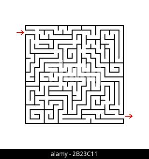 Schwarzes quadratisches Labyrinth mit ein- und Ausgang. Ein Spiel für Kinder und Erwachsene. Einfache flache Vektorgrafiken isoliert auf weißem Hintergrund Stock Vektor