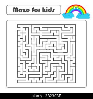 Schwarzes quadratisches Labyrinth mit ein- und Ausgang. Mit einem niedlichen Cartoon eines Regenbogens. Einfache flache Vektorgrafiken isoliert auf weißem Hintergrund Stock Vektor