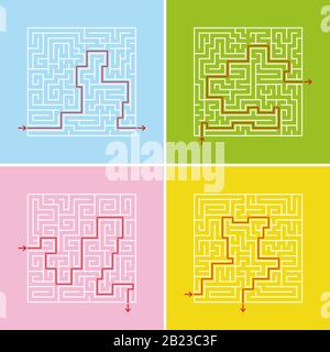 Ein Satz quadratischer Labyrinthe. Ein Spiel für Kinder und Erwachsene. Einfache Vektorgrafiken. Mit der Antwort Stock Vektor