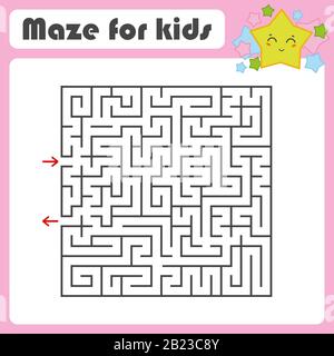 Schwarzes quadratisches Labyrinth mit ein- und Ausgang. Mit einem schönen Zeichentrickstar. Einfache flache Vektorgrafiken isoliert auf weißem Hintergrund Stock Vektor