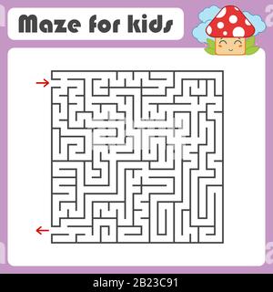 Schwarzes quadratisches Labyrinth mit ein- und Ausgang. Mit einem niedlichen Cartoon-Pilz. Einfache flache Vektorgrafiken isoliert auf weißem Hintergrund Stock Vektor