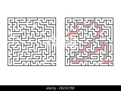 Abstraktes quadratisches Labyrinth. Einfache flache Vektorgrafiken isoliert auf weißem Hintergrund. Mit der Antwort Stock Vektor