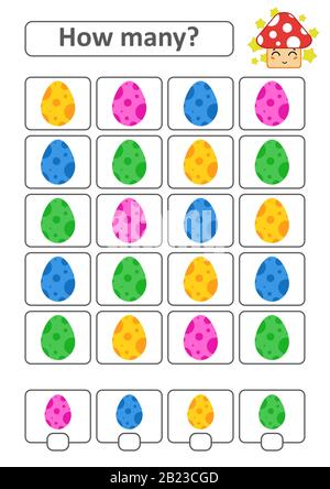 Zählspiel für Vorschulkinder zur Entwicklung mathematischer Fähigkeiten. Wie viele Eier in verschiedenen Farben. Mit einem Ort für Antworten. Simpl Stock Vektor