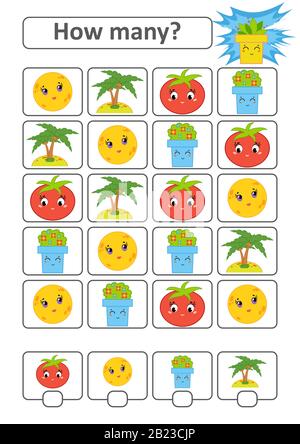 Zählspiel für Vorschulkinder. Das Studium der Mathematik. Wie viele Zeichen im Bild. Mond, Palme, Tomate, Blumentopf. Mit einem Platz für A. Stock Vektor