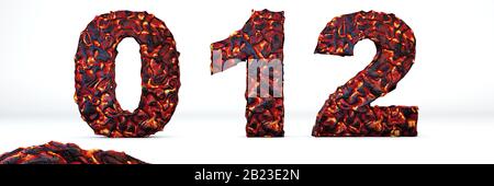Zahlen des vulkanischen Alphabets 0, 1, 2. 3D-Rendering von weißer brennender Lava in vulkanischer Schrift, isoliert auf weißem Hintergrund. Stockfoto