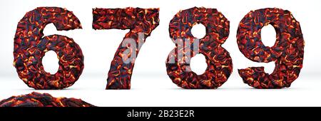 Vulkanische Alphabet Zahlen 6, 7, 8, 9. 3D-Rendering von weißer brennender Lava in vulkanischer Schrift, isoliert auf weißem Hintergrund. Stockfoto