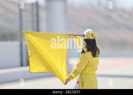 Marshall schwenkt während Der Tests Vor der Saison 2020 die gelbe Flagge, Barcelona (Spanien), Italien, 21. Februar 2020, Motors Formel-1-Meisterschaft Stockfoto