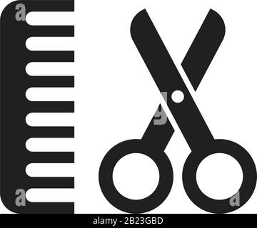 Farbvorlage für Kamm- und Schere-Symbol schwarz bearbeitbar. Symbol für Kammaufsatz und Schere für flache Vektorgrafiken für Grafik- und Webdesign. Stock Vektor