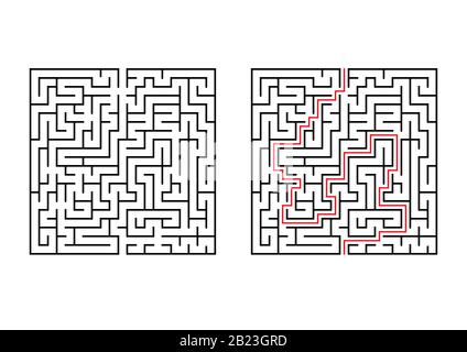 Abstraktes quadratisches Labyrinth. Einfache flache Vektorgrafiken isoliert auf weißem Hintergrund. Mit der Antwort Stock Vektor