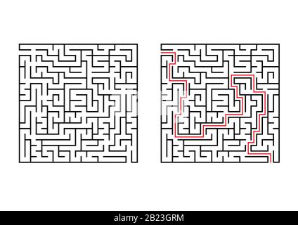 Abstraktes quadratisches Labyrinth. Einfache flache Vektorgrafiken isoliert auf weißem Hintergrund. Mit der Antwort Stock Vektor