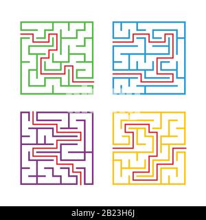 Ein Satz quadratischer Labyrinthe für Kinder. Einfache flache Vektorgrafiken isoliert auf weißem Hintergrund. Mit der Antwort Stock Vektor
