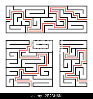 Ein Satz quadratischer und rechteckiger Labyrinthe mit ein- und Ausgang. Einfache flache Vektorgrafiken isoliert auf weißem Hintergrund. Mit der Antwort Stock Vektor