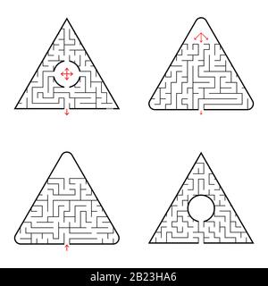 Dreieckiges Labyrinth. Vier Optionen. Einfache flache Vektorgrafiken isoliert auf weißem Hintergrund Stock Vektor