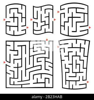 Ein Satz quadratischer und rechteckiger Labyrinthe mit ein- und Ausgang. Einfache flache Vektorgrafiken isoliert auf weißem Hintergrund Stock Vektor
