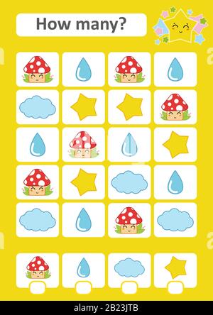 Zählspiel für Vorschulkinder. Das Studium der Mathematik. Wie viele Elemente im Bild. Pilz, Tropfen, Wolke, Stern. Mit einem Ort für Antworten. Stock Vektor
