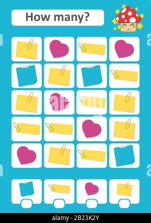 Zählspiel für Vorschulkinder. Das Studium der Mathematik. Wie viele Elemente im Bild. Haftnotizen. Mit einem Ort für Antworten. Einfache flache iso-empfindlichkeit Stock Vektor