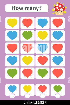 Zählspiel für Vorschulkinder. Das Studium der Mathematik. Wie viele Elemente im Bild. Farbige Herzen. Mit einem Ort für Antworten. Einfache flache iso-empfindlichkeit Stock Vektor
